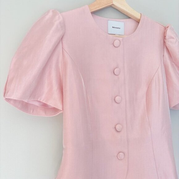 NEW Reformation Mika Two Piece Skirt Set Bubblegum Pink Sheen | US 2 UK 6 - Picture 15 of 15